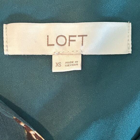 Loft green teal feather print button up dress long sleeve v neck size XS - Picture 8 of 10